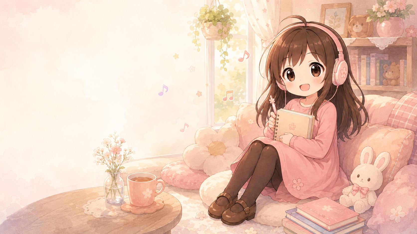 窓辺で音楽を聴きながらノートをひらくシルクちゃん